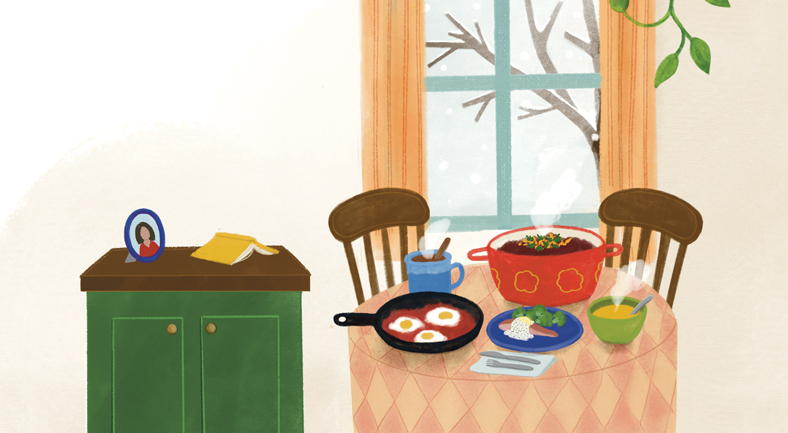 illustration of a table with soup, a skillet, and plates of food
