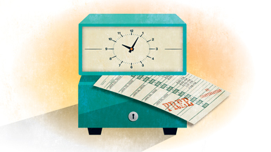 an illustrated time clock with a timecard that reads "free"
