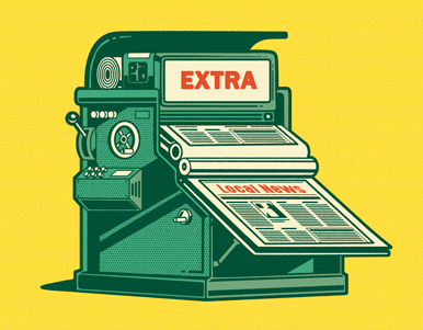 an illustration of a newspaper press that says "local news"