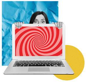 woman sitting wide-eyed behind a computer screen with swirling colors