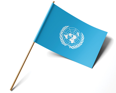 blue flag with white United Nations seal