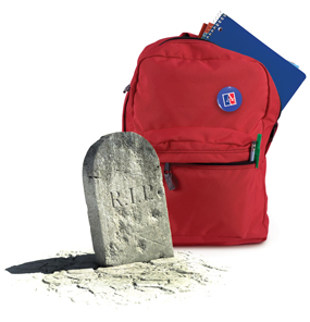 red backpack with a gravestone