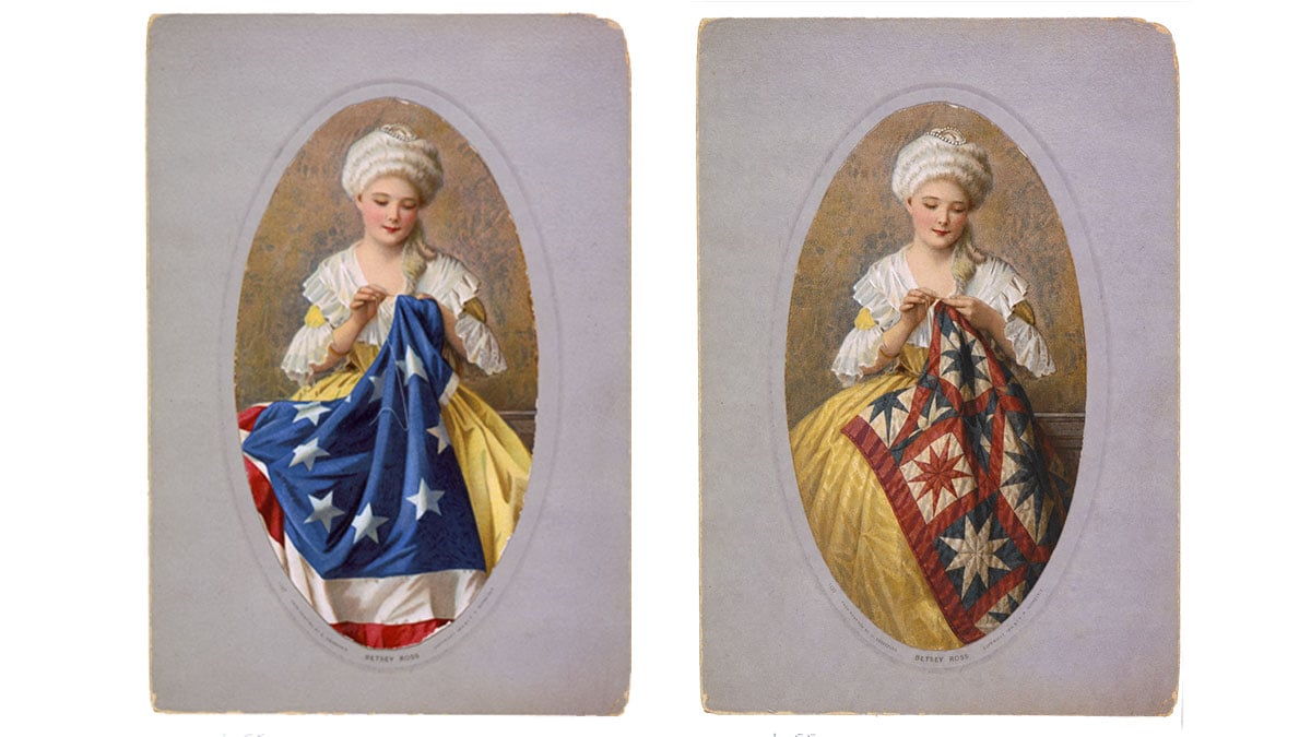 Betsy Ross sewing a flag and Betsy Ross sewing a quilt