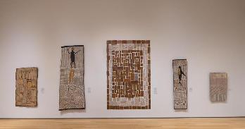 Madayin: Eight Decades of Aboriginal Australian Bark Painting from Yirrkala installed at the Hood Museum of Art, Dartmouth, where the exhibit is on display until its opening at AU Museum in February. Photo by Rob Strong.