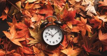 Clock laying in fall leaves that are red and orange.