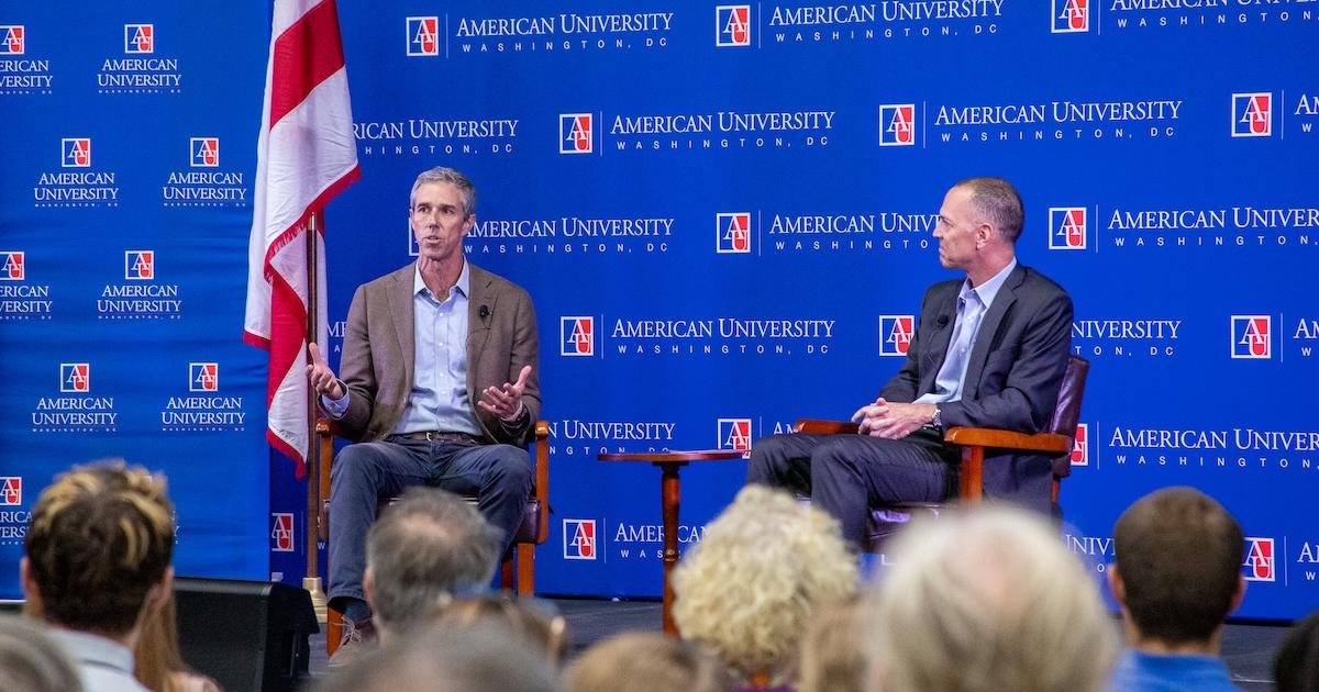Congressman Beto O'Rourke in conversation with SPA professor David Barker. Photo by Julia Gibson.
