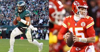 Jalen Hurts, left, and Patrick Mahomes square off in Super Bowl LVII. Photos courtesy of the Philadelphia Eagles and Kansas City Chiefs.