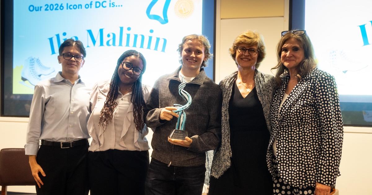 Ilia Malinin poses with the Icons of DC Award.
