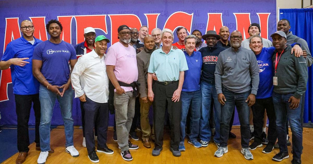 AU men's basketball alumni at the Patriot League Championship. Photo courtesy of David Bierwirth.