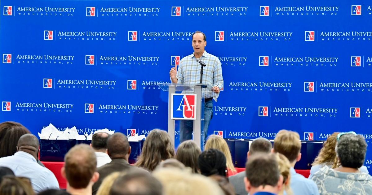 Interim President Dave Marchick addresses staff and faculty during Eagle Welcome. Photo by Jeff Watts.