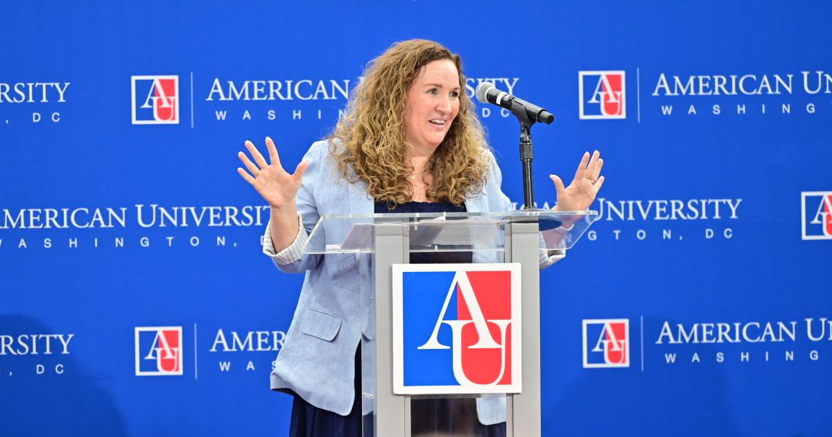 Provost Vicky Wilkins addresses staff and faculty at Eagle Welcome. Photo by Jeff Watts.