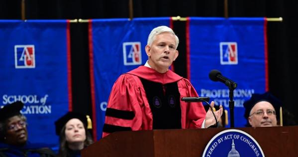 President Jon Alger speaks during Convocation. Photo by Jeff Watts.