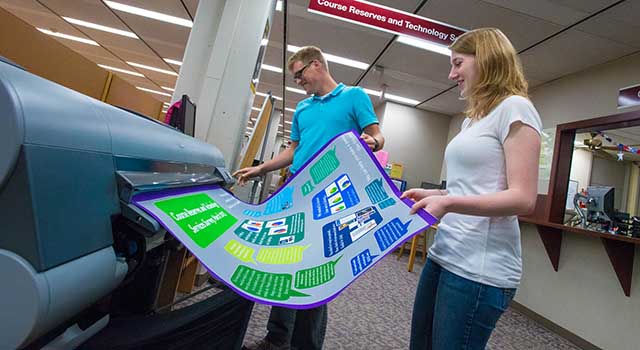 Students using the University Library's large format printer