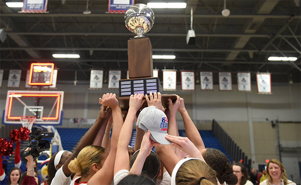 AU women's basketball team lifts patriot league trophy