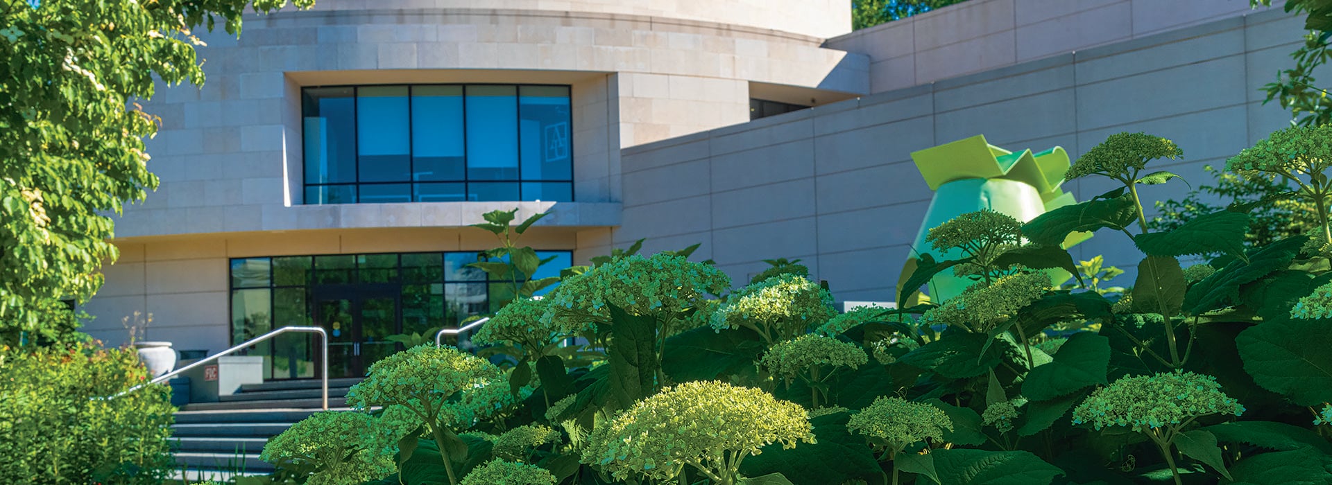 American University Museum at the Katzen Arts Center exterior with hydrangeas
