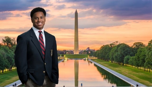 DC intern in front of Washington Monument
