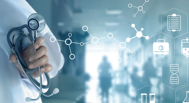 Male doctor with stethoscope with digital images overlay