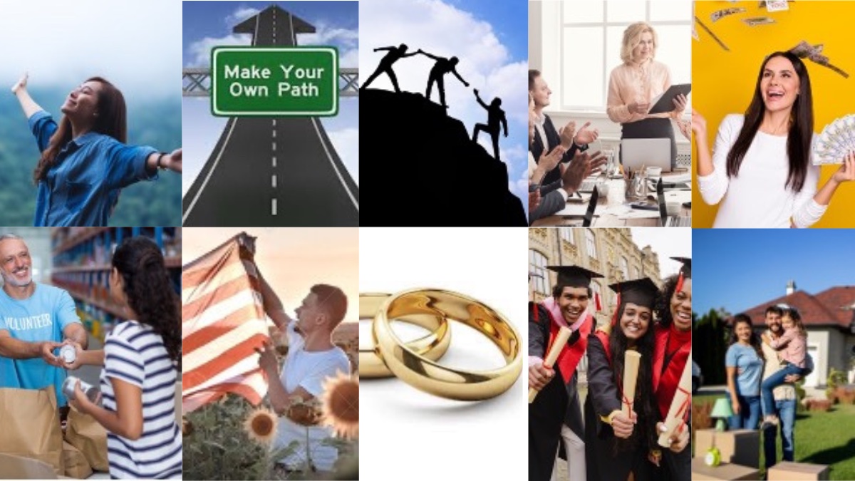 A collage of people experiencing different versions of the American Dream.