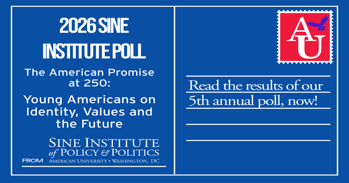 Graphic in the style of a postcard with the text: 2026 Sine Institute Poll 2nd line - The American Promise at 250: Young Americans on Identity, Values and the Future