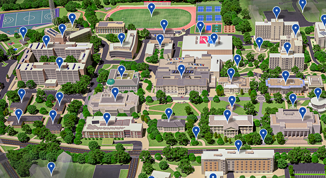 map of American University's campus with little pin drops