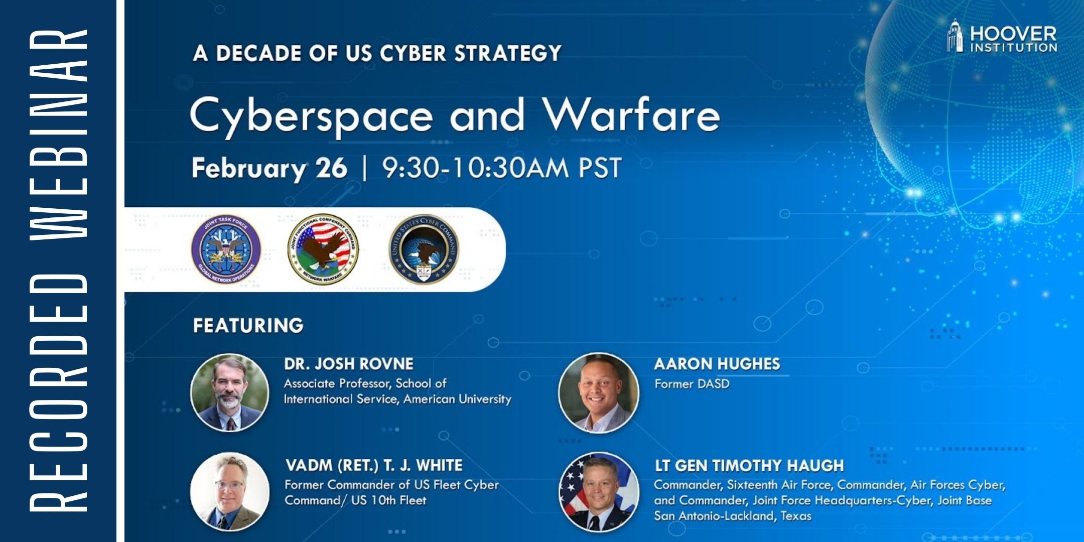Title slide for Cyberspace and Warfare Panel Event - click to watch