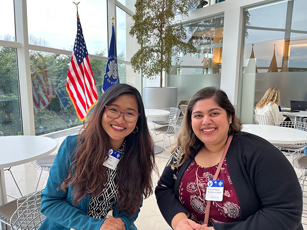 ID student Nandar Tun and IPCR student Nazanin Sadati enjoy time together during the Mentorship Kick-off event at USIP.