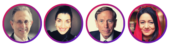 Afghanistan panelists Tony Wayne, Shamila Chaudhary, and David Petraeus, and Ambassador Roya Rahmani