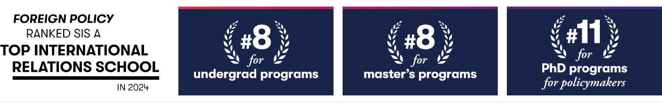 Foreign Policy Magazine ranked SIS #8 for undergrad programs, #8 for master's programs, and #11 for PhD programs for policymakers.