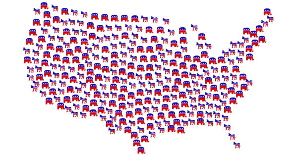 A map of the United States made up of Democrat and Republican symbols.