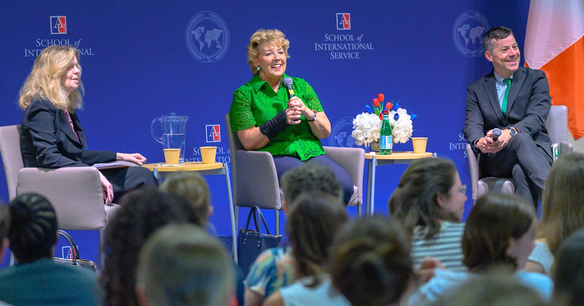 Professors Michelle Egan and Garret Martin moderate an event with Irish Ambassador Geraldine Byrne Nason