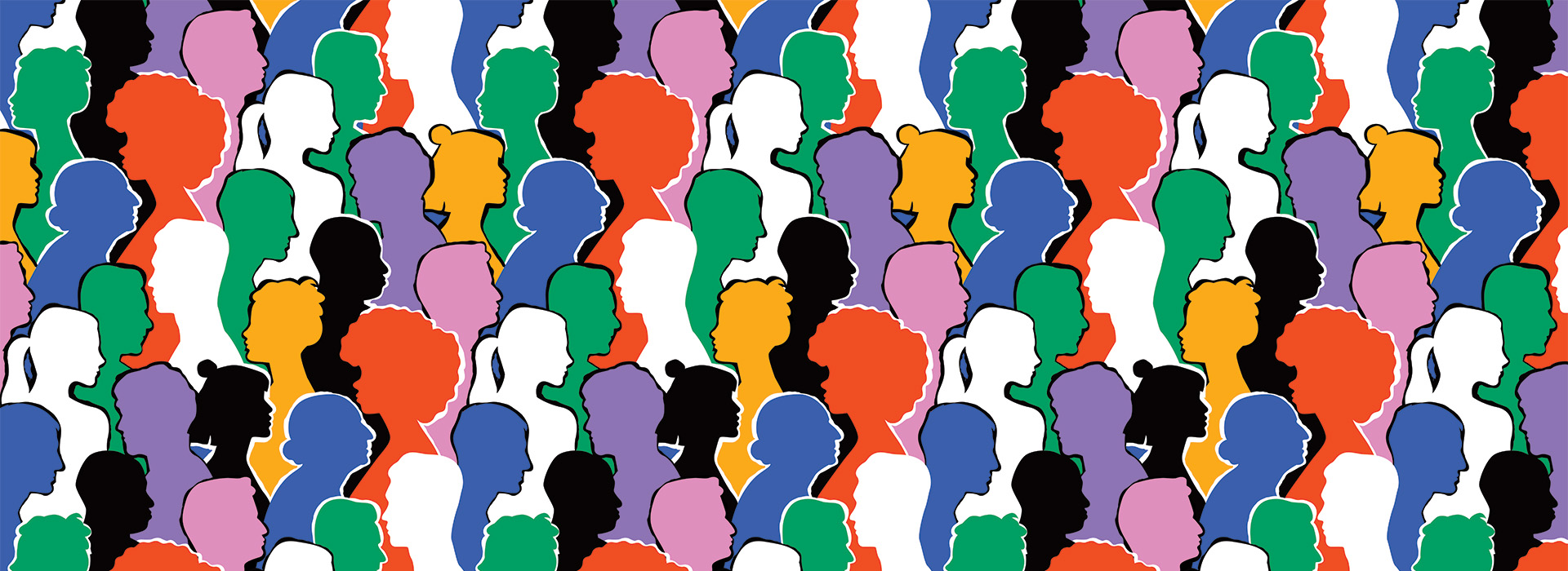 Colored silhouettes of people overlap from left to right.