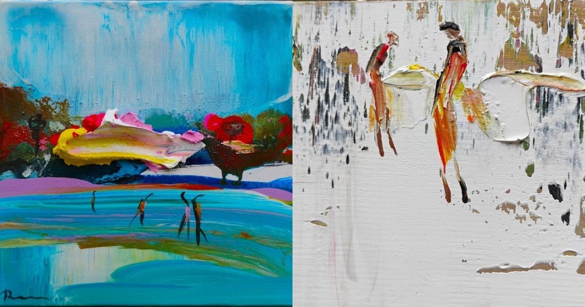 Artwork of Dara Aram; left is a painting of figures in a blue landscape with colorful paint texture around and right is a painting of two figures standing surrounded by white paint with colorful texture.
