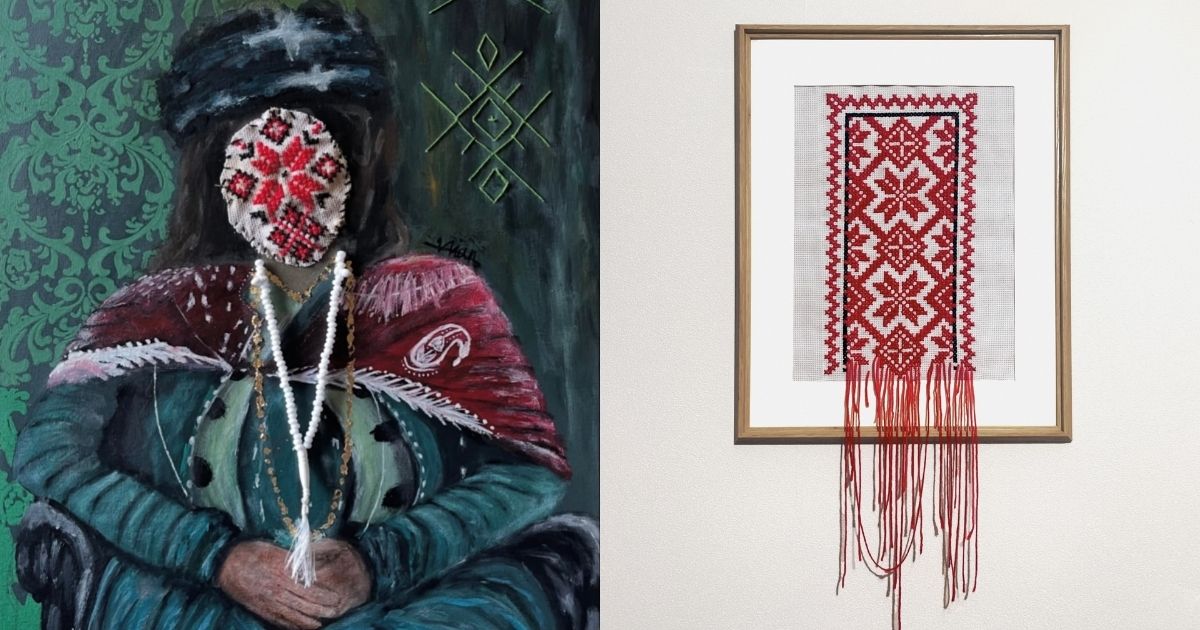 Artwork of Vian Hussein; left is a painting of Kurdish woman with embroidery over her face and right is embroidery of traditional patterns unravelling out of the frame.
