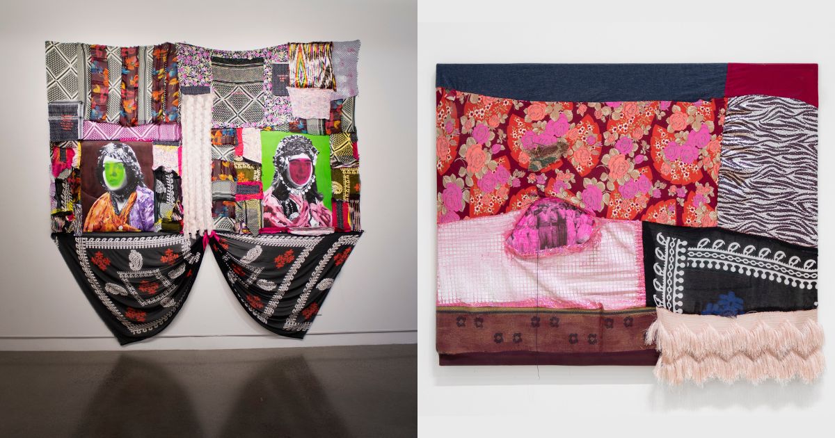 Artwork of Nuveen Barwari featuring Kurdish fabrics collaged together.