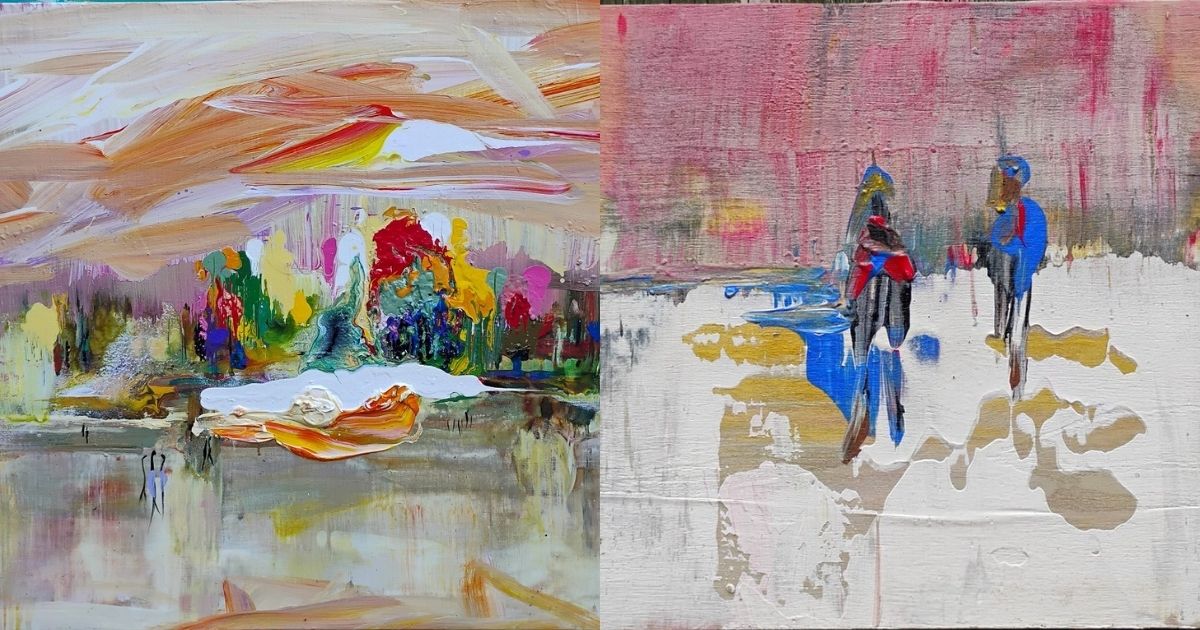 Artwork of Dara Aram; left is a painting of figures in a pink and orange landscape with colorful forest and right is a painting of two figures standing surrounded by a pink sky and white, gold, and blue ground.