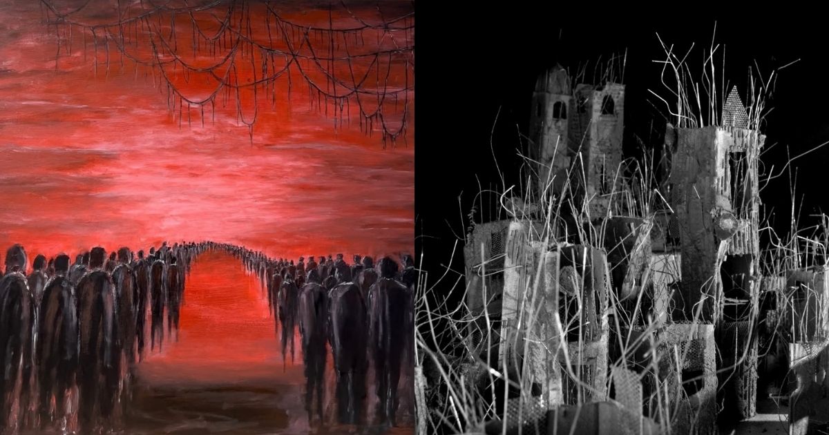 Artwork of Vian Hussein; left is a painting of figures in a red landscape with walking in a line and right is a sculpture of a city made from various materials.
