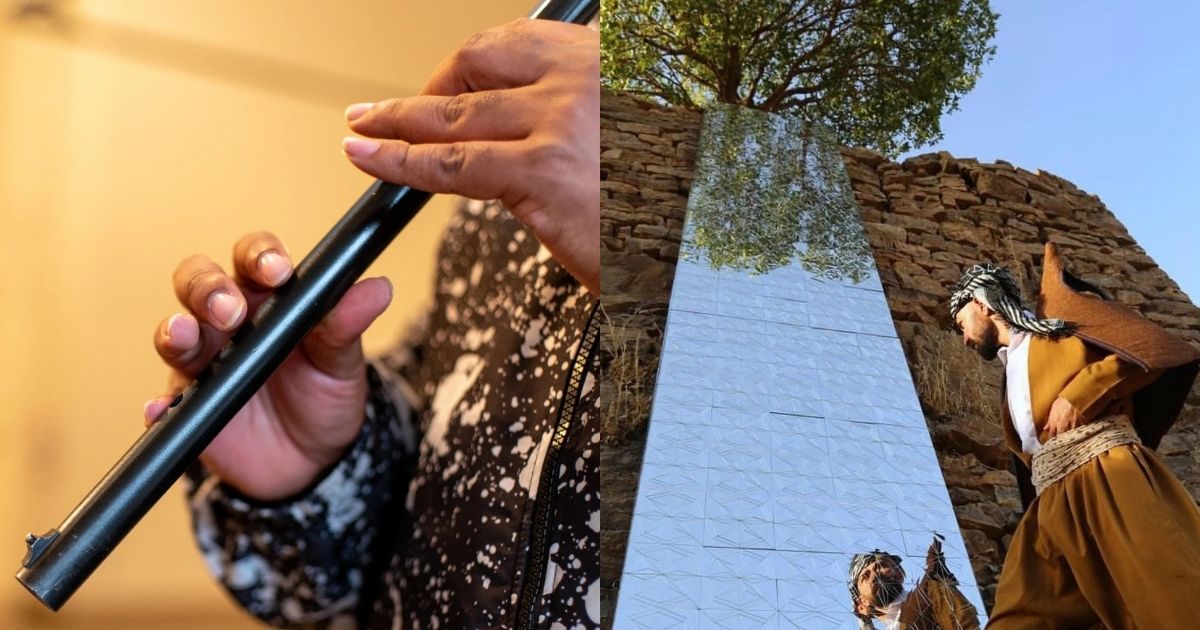 Artwork of Pedram Baldari; left is a gun that has been repurposed into a flute and right is a art installation of mirror alongside a mountain.