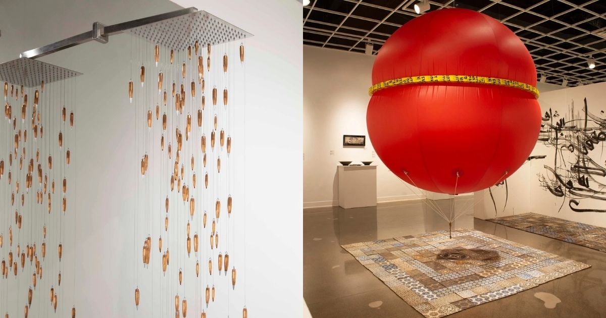Artwork of Pedram Baldari; left is a shower with bullets representing water and right is a balloon with a belt made from caution tape and a key to the Statue of Liberty hanging from the balloon.
