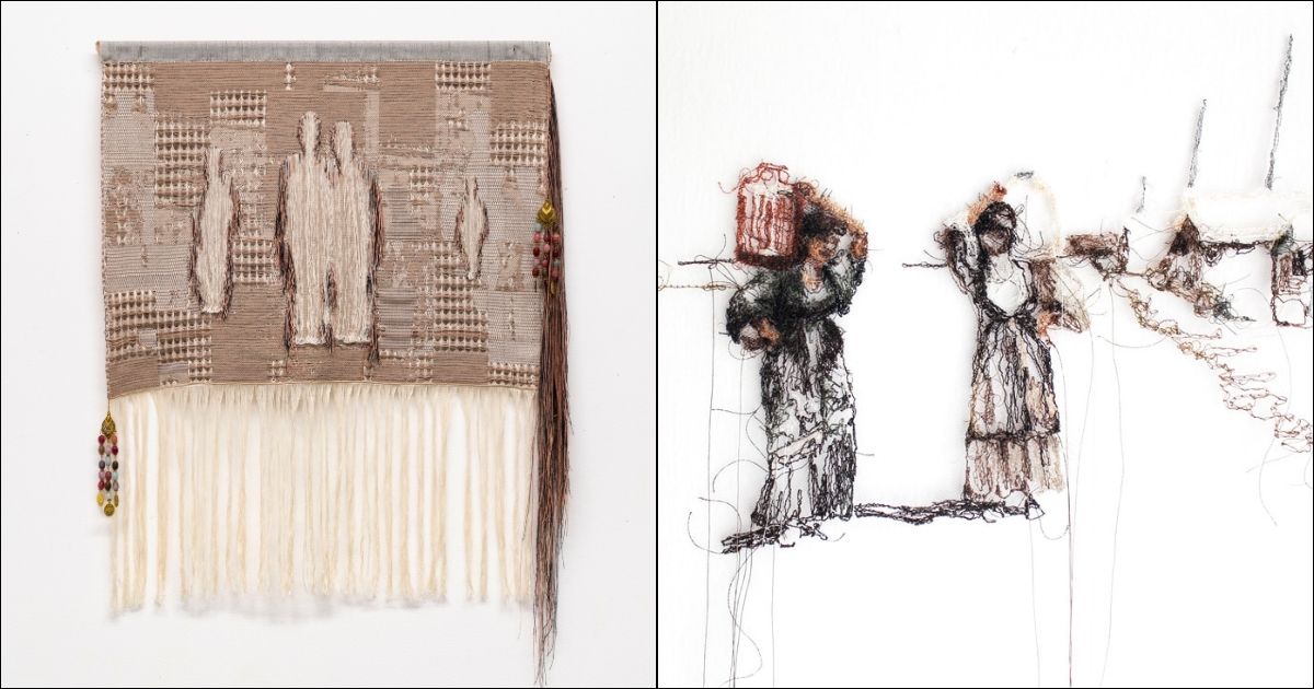 Artwork of Beizar Aradini; left is woven artwork with the shapes of people and right is women carrying jugs embroidered with thread.