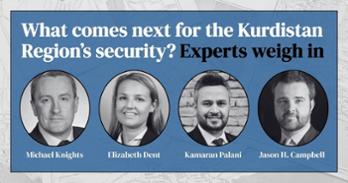 Poster that says " What comes next for the Kurdistan Region’s security? Experts weigh in, Michael Knights, Elizabeth Dent, Kamaran Palani, Jason H. Campbell"