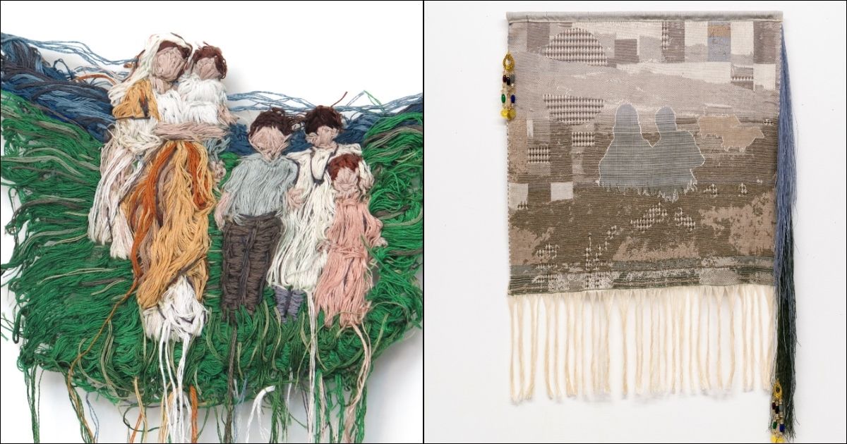 Artwork of Beizar Aradini; left is an embroidered image of a Kurdish family and right is a woven artwork with a cutout shape of two people.