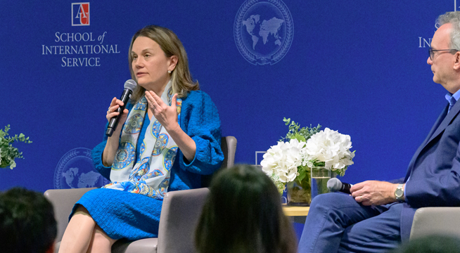 Julianne Smith speaks during a panel discussion at SIS.