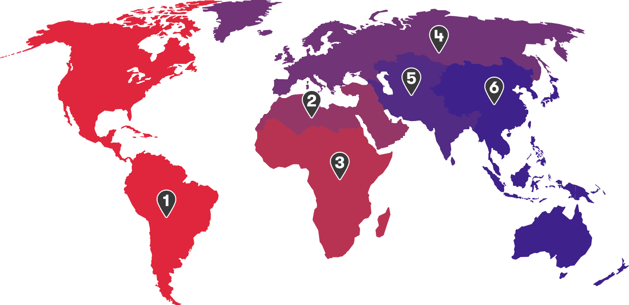 A map of the world with SIS's six regional focuses highlighted.