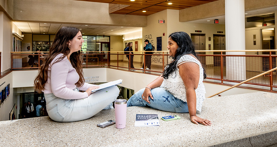 Two students have a discussion above the Spanish steps in the SIS atrium.