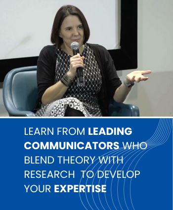A woman seated in an armchair, holding a microphone and gesturing while speaking at an event. Below, text reads: 'Learn from leading experts who blend theory with research for strategic expertise,' accompanied by abstract blue wave graphics