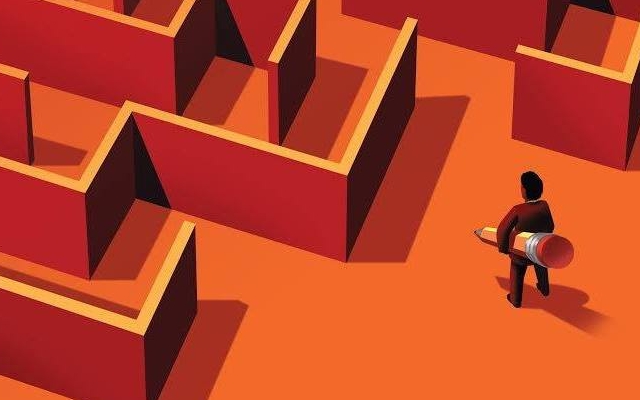 Illustration of a man holding a pencil at the start of a maze.