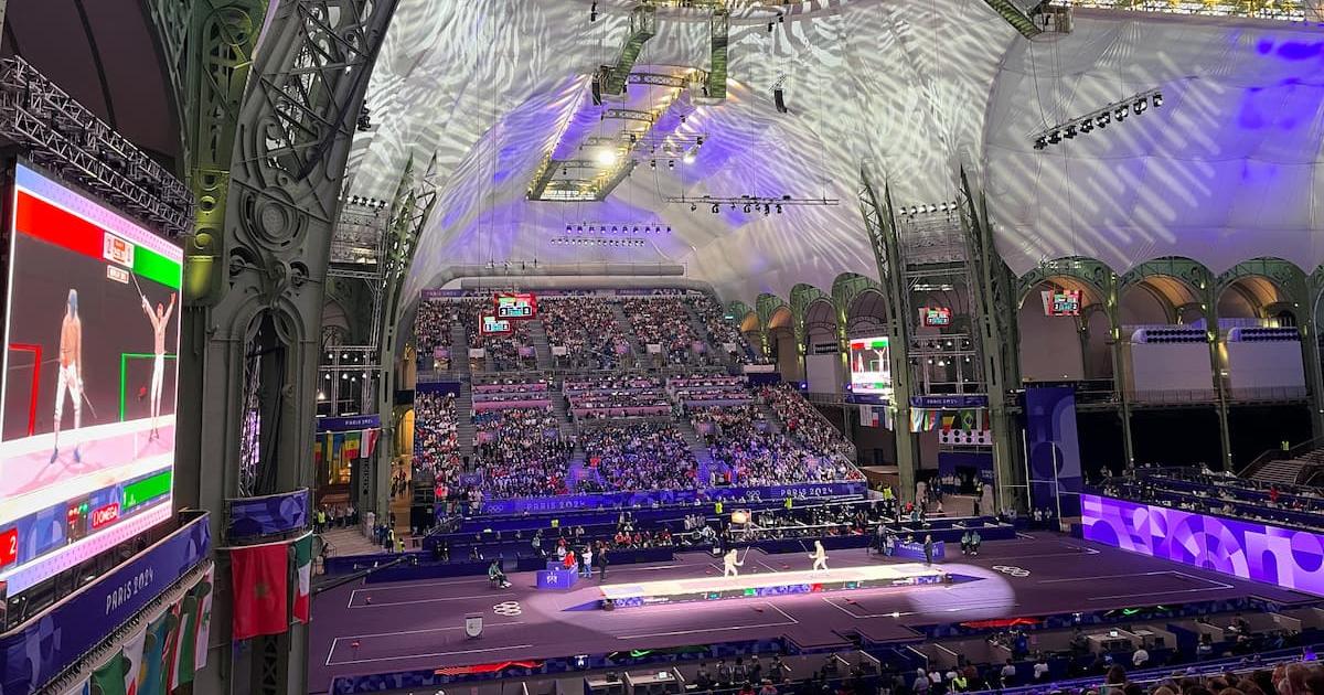 Professor Talan’s view of the Fencing Finals in the Grand Palais stadium Professor Talan’s view of the Fencing Finals in the Grand Palais stadium