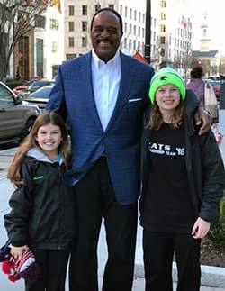 James Brown with Olivia and Kate Williams.