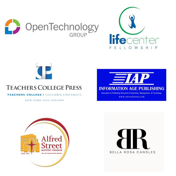 2023 Sponsor Logos: Open Technology Group, Life Center Fellowship, Teachers College Press, Information Age Publishing, Alfred Street Baptist Church, Bella Rosa Candles