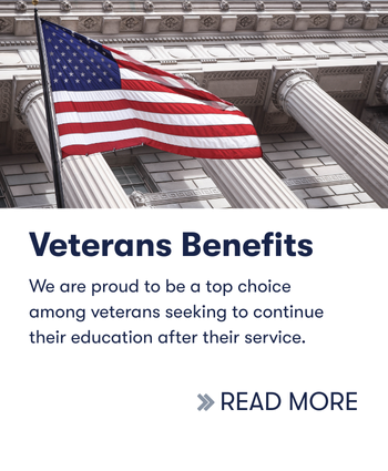 Photo of flag waving in front of federal building with the text "Veterans benefits. We are proud to be a top choice among veterans seeking to continue their education after their services." below